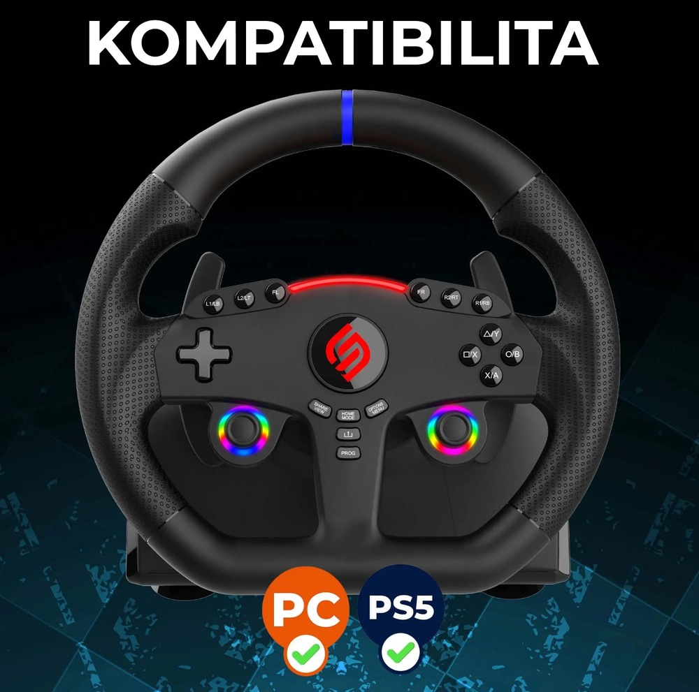Volant SUPERDRIVE 270 GT-5 černý Černý herní volant s barevnými tlačítky a logem uprostřed. Text společně s ikonami a zaškrtávacími políčky PC a PS5 vyjadřuje kompatibilitu s těmito herními platformami.