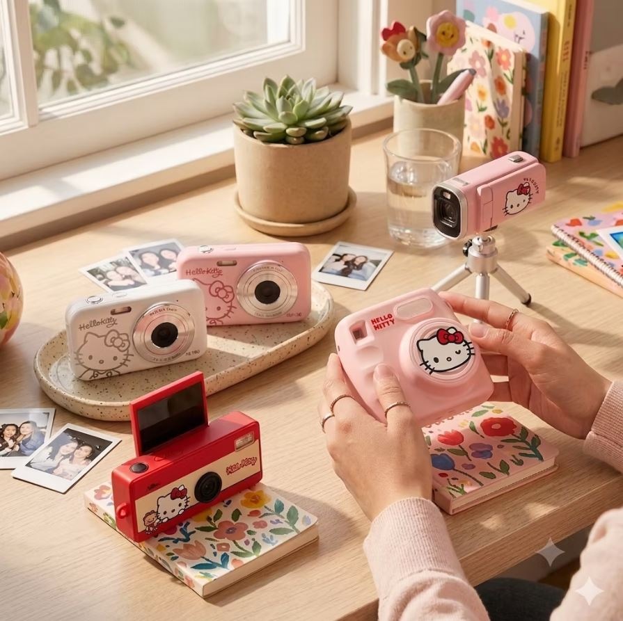 Ruka používá fotoaparát Yashica x Hello Kitty DZ-100
