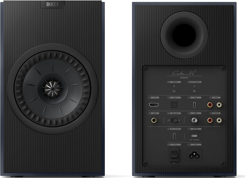 Reproduktory KEF Coda W (2 ks) modré Aktivní reproduktor KEF Coda W zepředu a zezadu s přehledem konektorů včetně HDMI, USB-C, optického vstupu, RCA a výstupu pro subwoofer