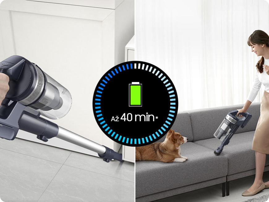 Tyčový vysavač Samsung VS15A60AGR5/GE Jet 65 pet Koláž dvou obrázků, vlevo vysavač Samsung Jet 65 pet vysává šteřbinu mezi skříňkami, vpravo žena drží v ruce stejný vysavač upravený pro ruční vysávání a vysává pohovku, na níž leží pes, přes oba obrázky je uprostřed kolečko se znázorněním výdrže baterie a nápisem Až 40 min