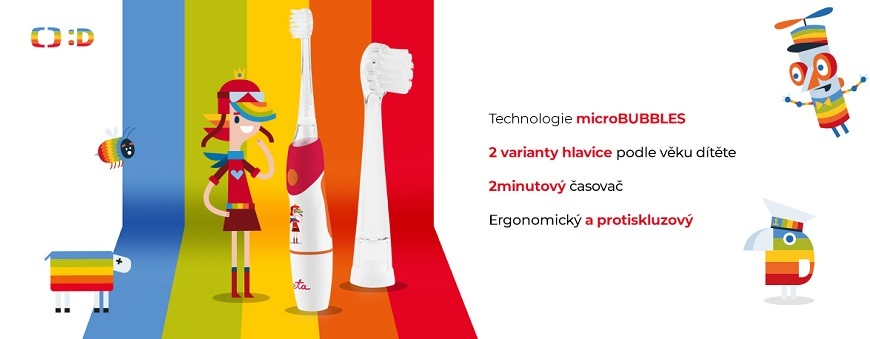 Červený dětský kartáček ETA Sonetic TV Déčko, zobrazený spolu s náhradní hlavicí a veselými animovanými postavičkami v duhových barvách. Na pravé straně jsou vypsány výhody produktu: technologie microBUBBLES, dvě varianty hlavic podle věku dítěte, dvouminutový časovač a ergonomický protiskluzový design.“