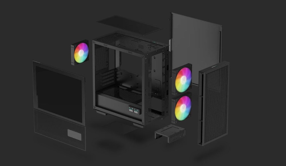 Rozložený pohled na počítačovou skříň s oddělenými komponenty na tmavém pozadí, s RGB ventilátory v zářivých odstínech.