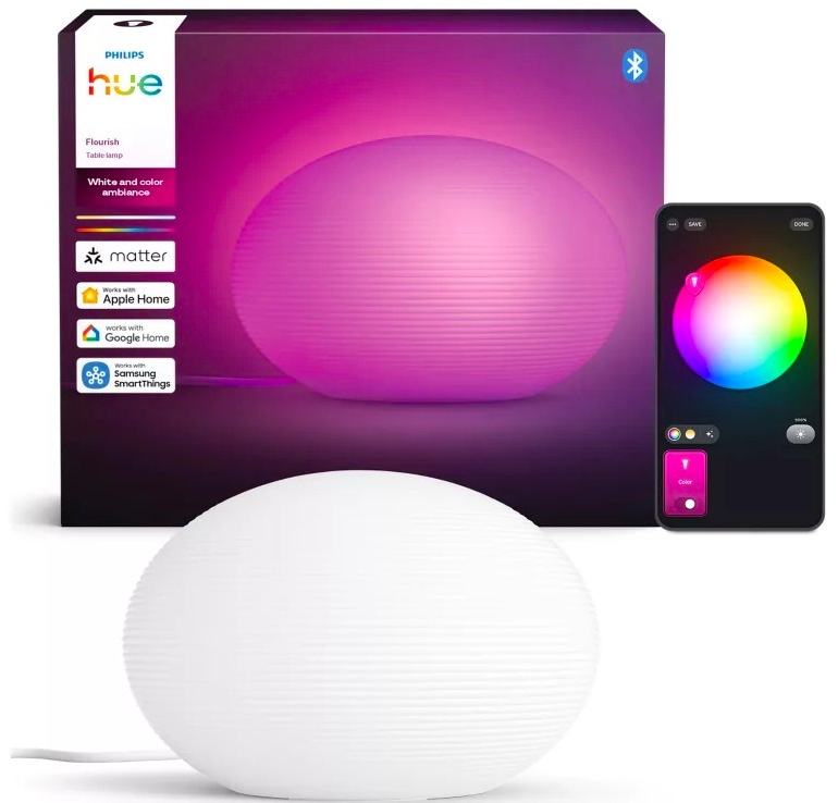 Philips Flourish s balením a telefonem zobrazujícím nastavení barvy v aplikaci Hue