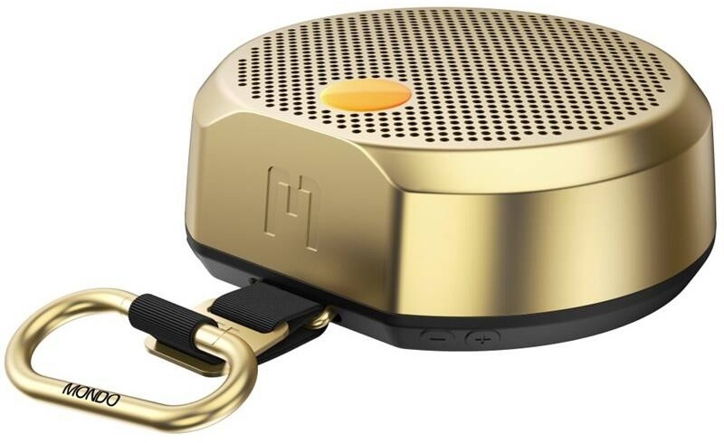 Zlatý přenosný reproduktor Mondo Speaker Small s karabinou a oranžovým detailem