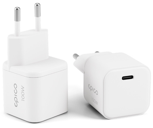 Bílý napájecí adaptér Epico UltraBoost Micro AVS GaN 100W zobrazený z více úhlů s USB-C portem