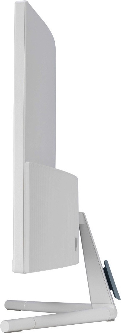 Na obrázku je monitor Asus VU34WCIP-W 34" v bílém provedení z bočního pohledu. Dobře je vidět prohnuté tělo širokoúhlého displeje, světlý zadní kryt a vystouplá středová část pro uchycení ke stojanu. Monitor stojí na bílém tříramenném podstavci s dlouhými štíhlými nohami. Snímek zdůrazňuje zakřivení obrazovky, boční profil a čistý elegantní design.