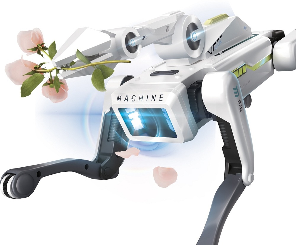 RC zvířátko se světelným efektem držící robotickým ramenem růžovou kytku.