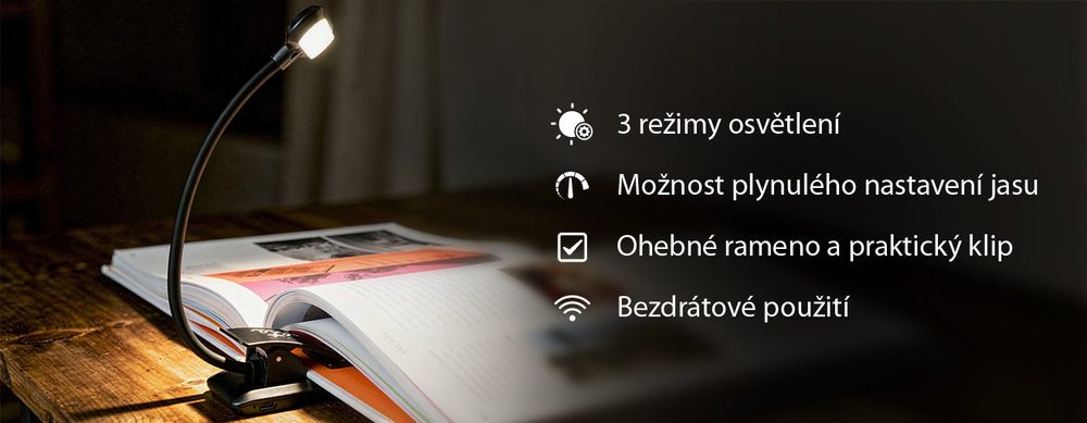 Stolní LED lampička ETA 089490000 s klipem, nabíjecí, stmívatelná černá Produktový banner pro černou LED lampičku ETA 089490000 na čtení s klipem připevněnou na knize. Obrázek obsahuje výčet funkcí: 3 režimy osvětlení, plynulé nastavení jasu, ohebné rameno a praktický klip, bezdrátové použití