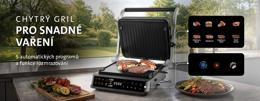 Elektrický kontaktní gril ETA GrilChef Otevřený chytrý elektrický gril ETA GrilChef v moderní kuchyni ukazující 5 automatických programů, funkci rozmrazování a nastavení stupňů propečení od Rare po Well Done.