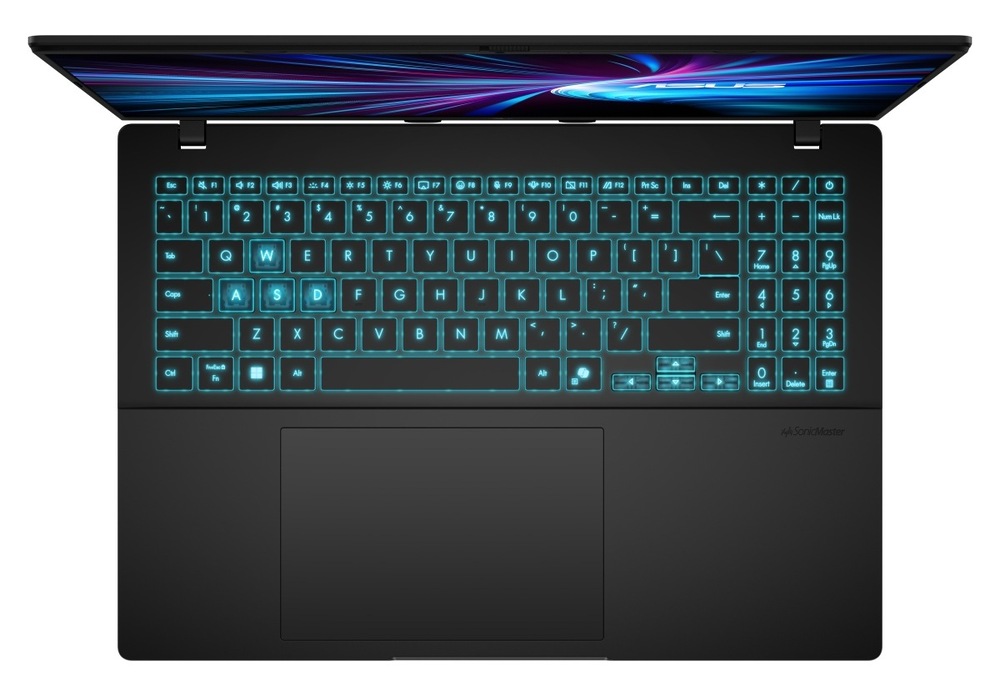 Notebook Asus V16 černý Pohled shora na klávesnici notebooku Asus V16