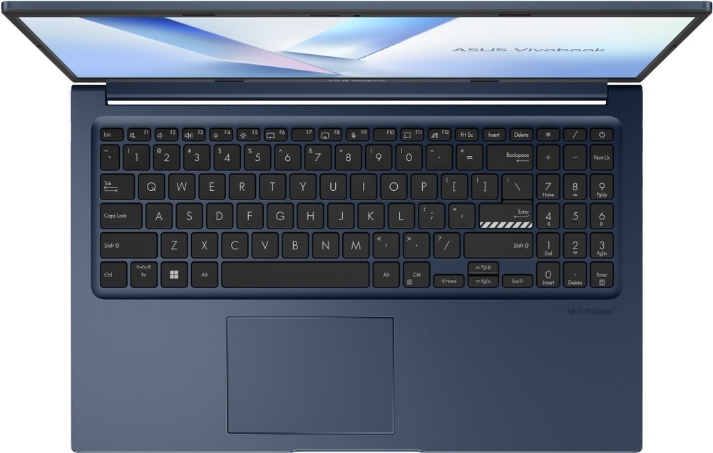 Notebook Asus Vivobook 15 modrý Detail klávesnice notebooku ASUS Vivobook 15 s numerickou částí a prostorným touchpadem
