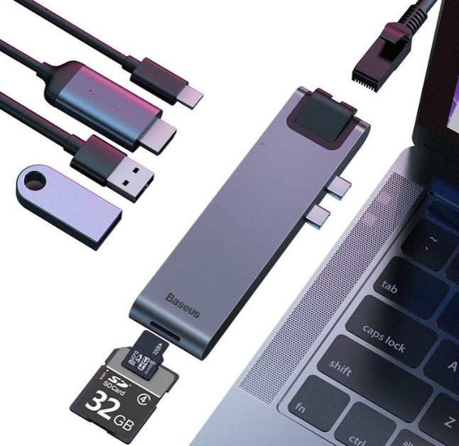 USB Hub Baseus USB-C/2x USB 3.0, USB-C PD, HDMI, RJ45, SD, Micro SD, pro MacBook Pro šedý