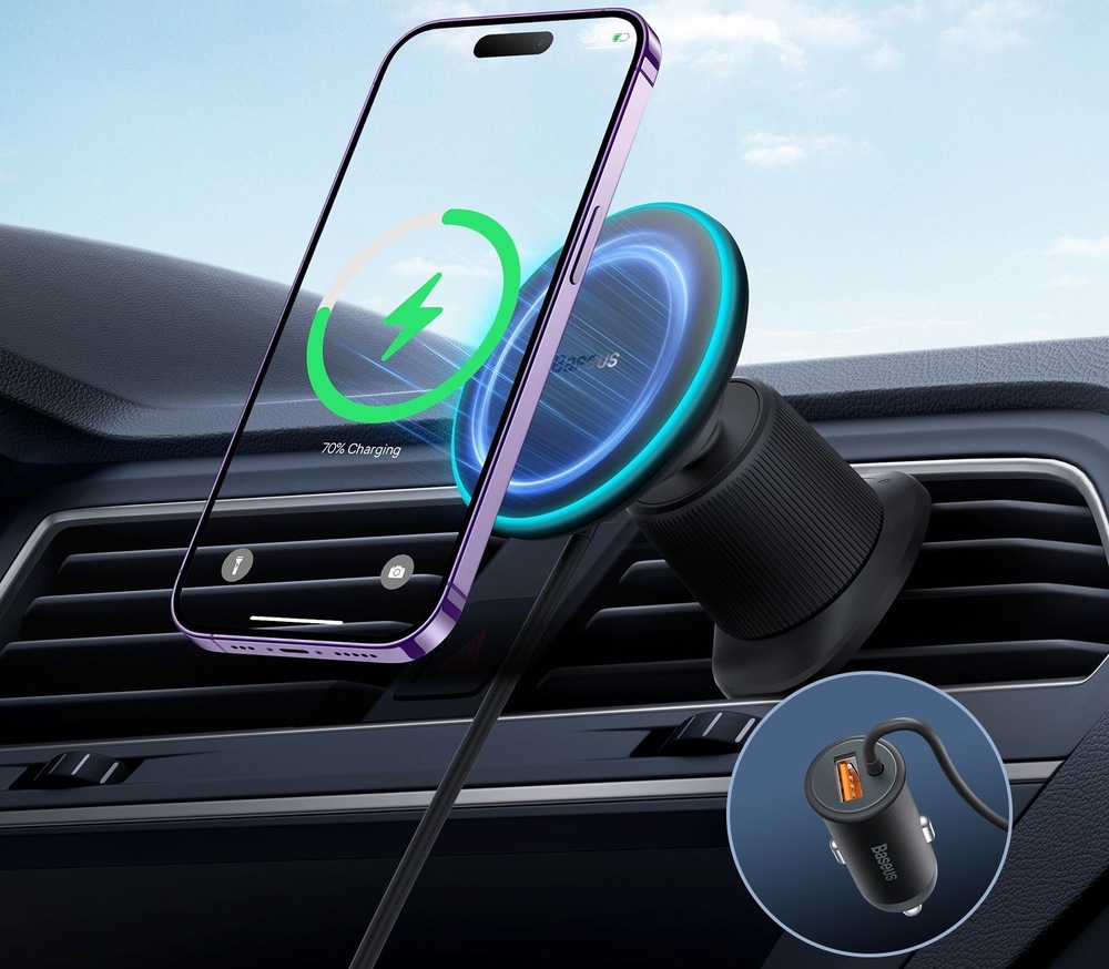 Držák na mobil Baseus do ventilační mřížky s nabíječkou USB-A 15W+25W černý Držák na mobil Baseus do ventilační mřížky s nabíječkou USB-A 15W+25W černý