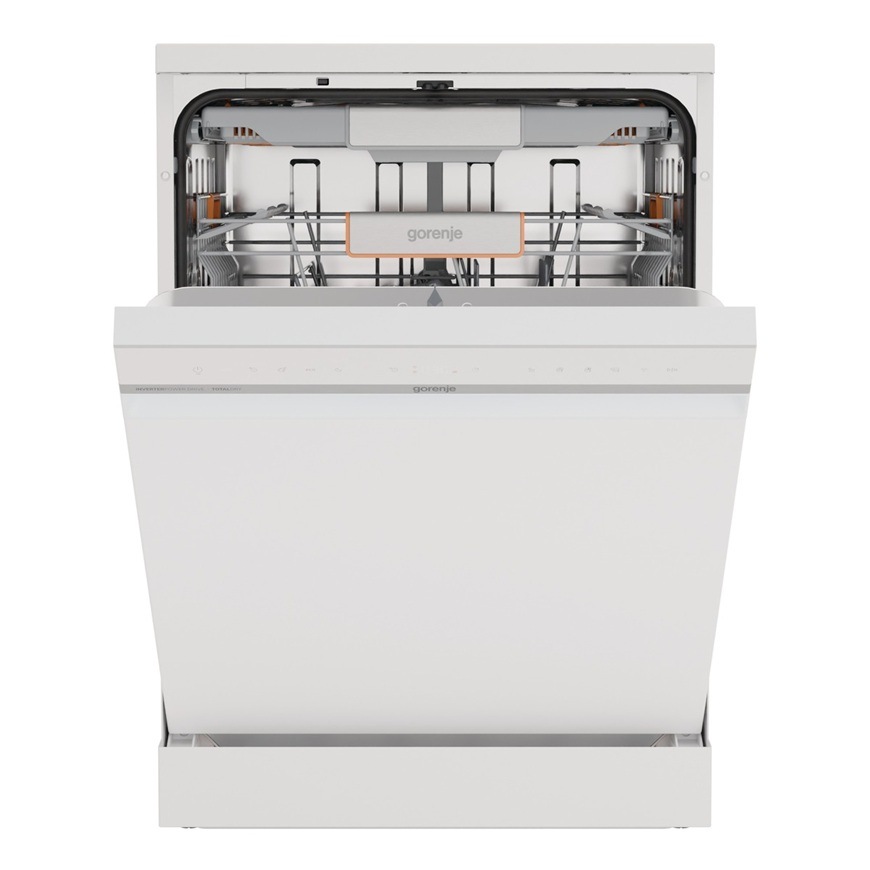 Na obrázku je pootevřená myčka značky Gorenje GS673A97W, která pojme až 16 sad nádobí
