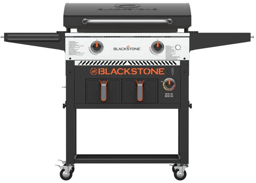 Blackstone 28" griddle – pohled zepředu s ovládacími knoflíky a dvířky na propan.