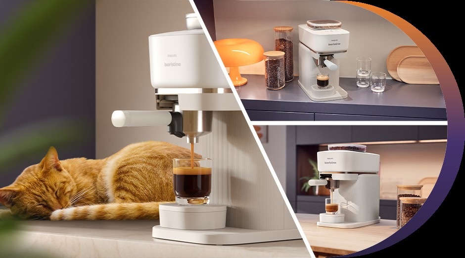 Pákový kávovar Philips BAR300/00 Baristina na kuchyňské lince vaří kávu a vedle spící kočka