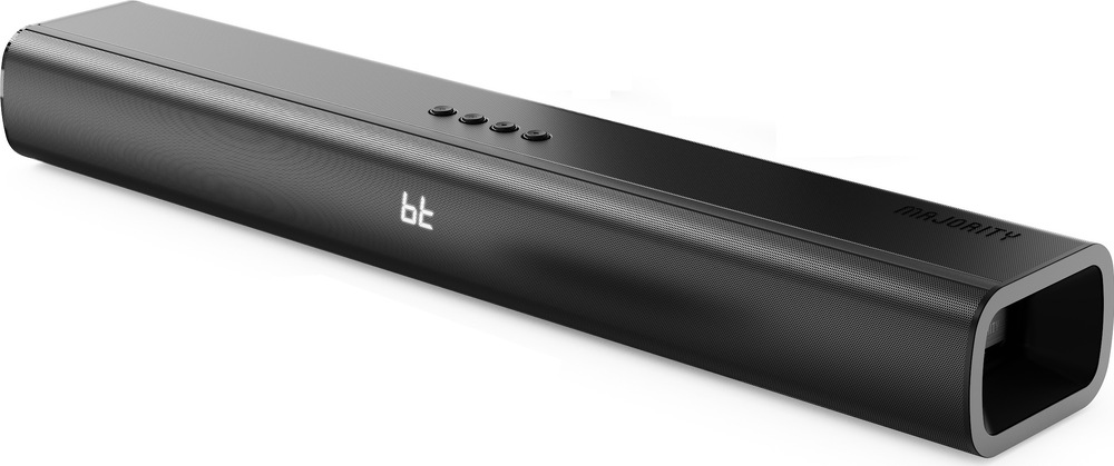 Soundbar Majority Naga černý Černý soundbar Majority Naga 60 Plus s čelním LED displejem a tlačítky na horní straně.