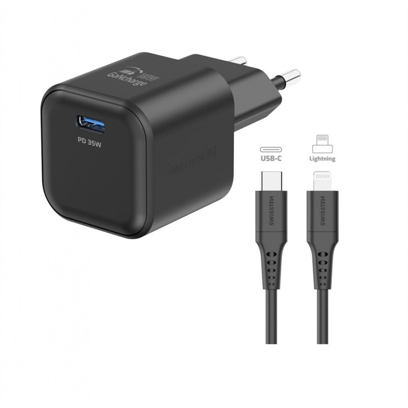 Nabíječka do sítě Swissten GAN 1x USB-C 35W PD + Datový kabel USB-C/Lightning 1,2 M černá