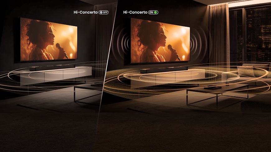  koncert na televizi hisense 75E7S PRO, porovnání zapnuté a vypnuté funkce concerto