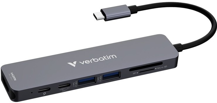 USB Hub Verbatim USB-C Essentials Multiport Hub 7 port - 2x USB 3.2 GEN 1 / HDMI / USB-C PD / USB-C 3.2 Gen 1 - šedý