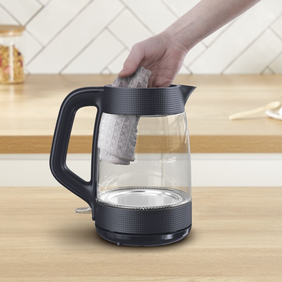 Rychlovarná konvice Tefal KO2G08E0 Morning Glass 1,7 l černá Čištění rychlovarné konvice Tefal KO2G08E0 Morning Glass hadříkem