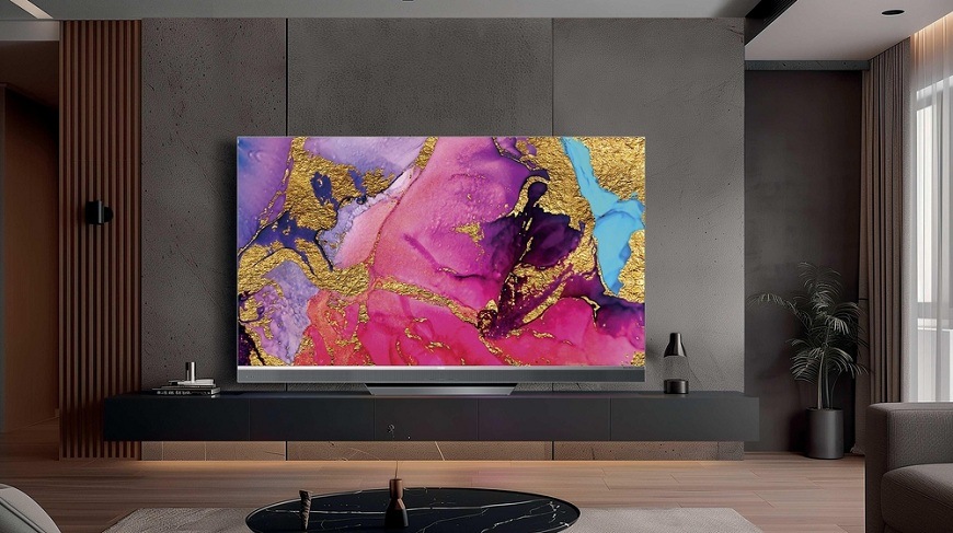 Televize Haier H65M95EUX je na polici v obývacím pokoji