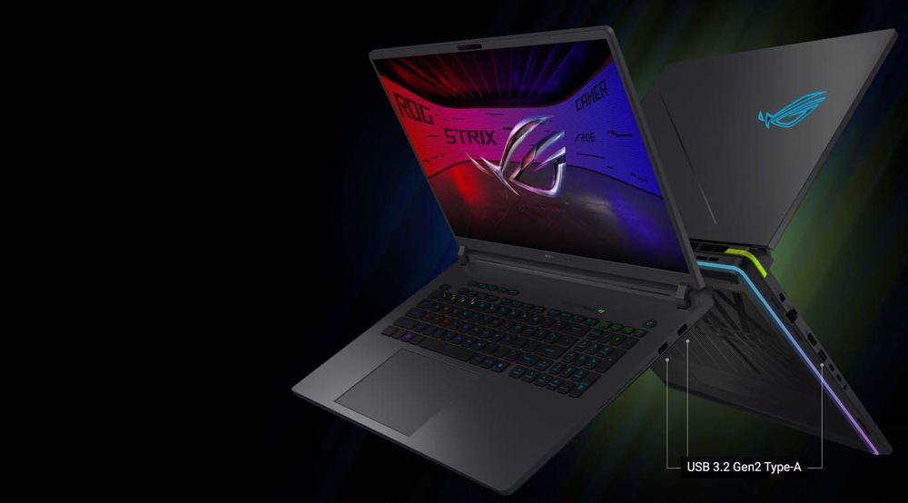 Elegantní herní notebook s podsvícenou klávesnicí a živým displejem s logem ROG. Kovový povrch jemně září díky RGB podsvícení.