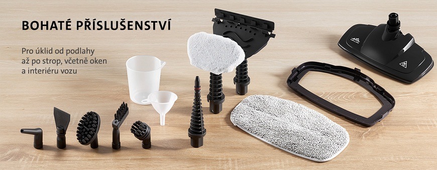 Parní čistič ETA Vapuro 2261 90000 - rozbaleno - 24 měsíců záruka Bohaté příslušenství k parnímu mopu ETA Vapuro rozložené na dřevěném podkladu – stěrka na okna, kartáčky, trysky, odměrka s trychtýřem, mopovací textilie a podlahová hubice. Text: BOHATÉ PŘÍSLUŠENSTVÍ. Pro úklid od podlahy až po strop, včetně oken a interiéru vozu
