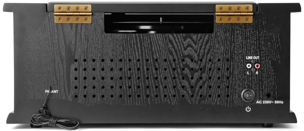 Gramofon AKAI ATT-350CC černý/stříbrný Detail zadního panelu retro věže Akai s výstupy Line Out a FM anténou.