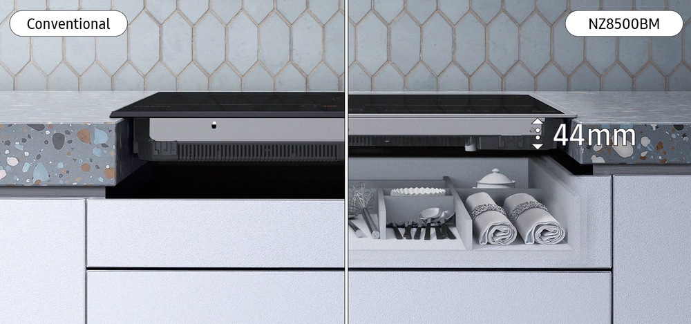 Indukční varná deska Samsung NZ64B4016FK/U2 černá Srovnání výšky varné desky - standardní rozměr a tenký design varné desky indukce Samsung NZ64B4016FK/U2