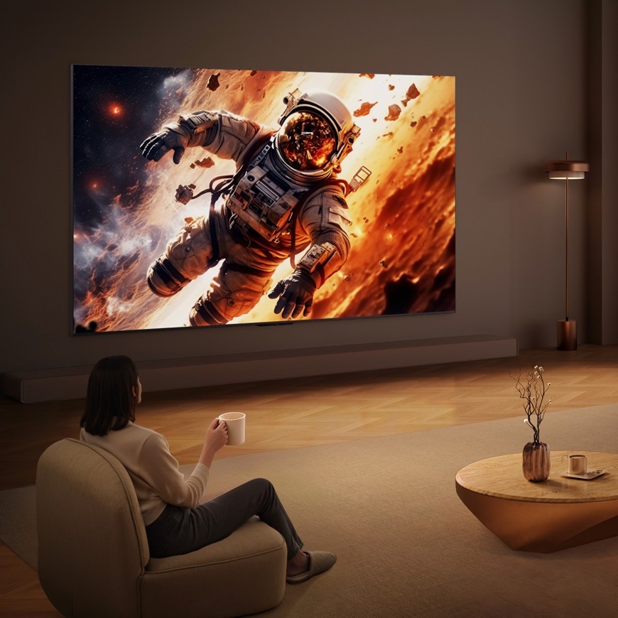 Televize TCL 55C8L v moderním obývacím pokoji s velkou úhlopříčkou zobrazuje dynamickou akční scénu s astronautem, která vyniká vysokým kontrastem a živými barvami díky Mini LED technologii.