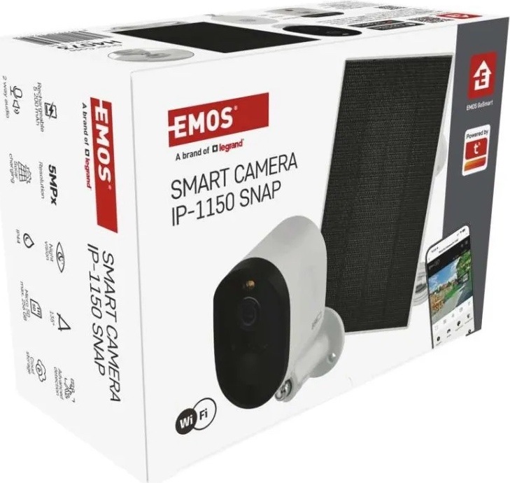 Produktové balení kamery EMOS Smart Camera IP-1150 SNAP. Na bílé krabici je vyobrazená kamera se solárním panelem, logo EMOS, označení 5MPx, Wi-Fi a ukázka mobilní aplikace.