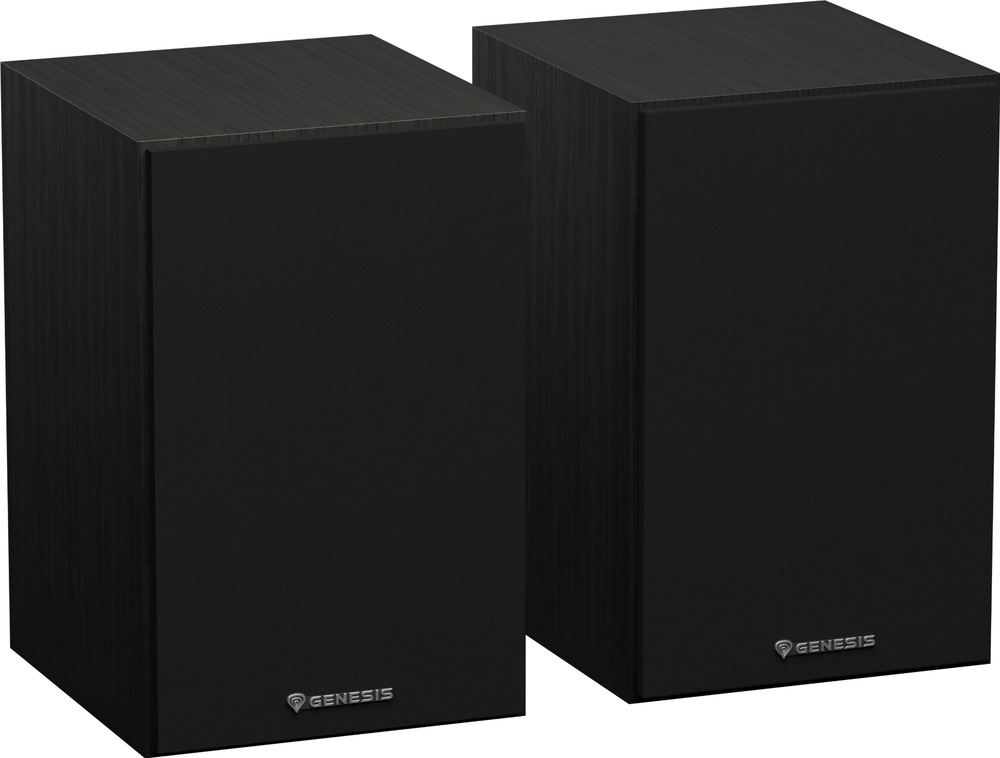 Reproduktory Genesis Arsen 302BT, 20 W černé Dva černé reproduktory Genesis Arsen 302BT při pohledu mírně shora. Obdélníkové MDF ozvučnice mají povrch s jemnou kresbou dřeva, celoplošné černé přední mřížky a stříbrná loga Genesis ve spodní části.