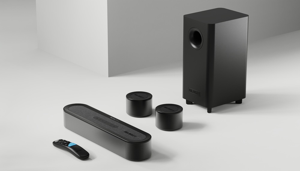 Soundbar Majority Halo 5.1 Atmos černý obrázek znázorňuje soundbar Majority Bowfell Halo 5.1 Atmos včetně veškerého dodávaného vybavení