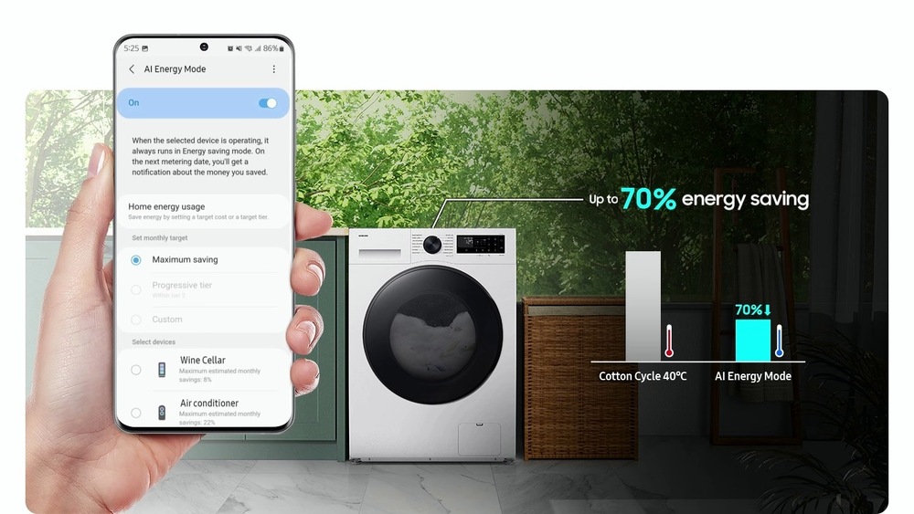 Pračka/sušička Samsung WD11DG5B15BELE - ilustrační obrázek prádla v pračce - ilustrační obrázek mobilního telefonu s aplikací hlídající spotřeu energie pomocí funkce AI Energy 