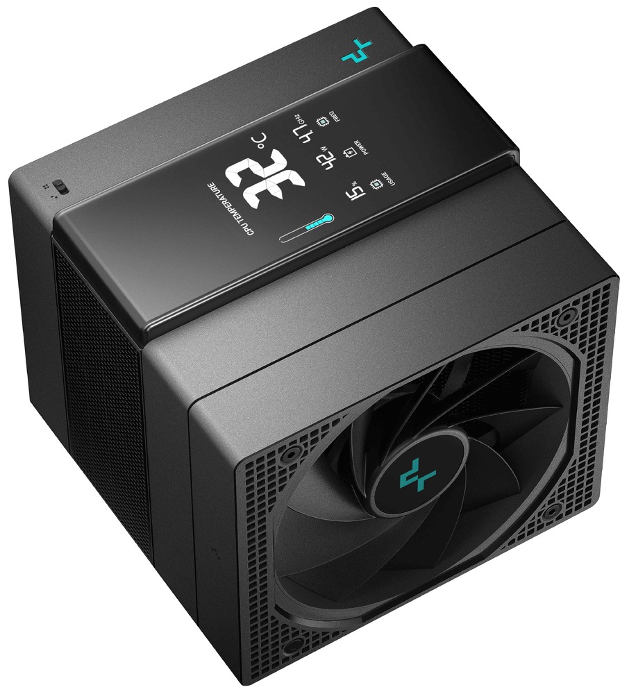 Chladič CPU DeepCool Assassin IV VC Vision černý Na snímku je kompaktní černý chladič s informačním displejem v horní části. Na pravé straně je ventilátor.