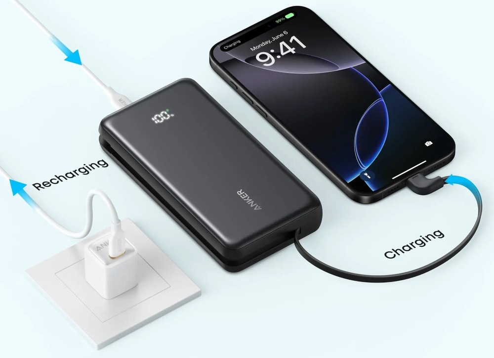 Powerbanka Anker Anker Zolo 20000mAh, 22,5W s kabelem USB-C černá Telefon se nabíjí s powerbanky Anker Zolo, zatímco ta je připojená v zásuvce