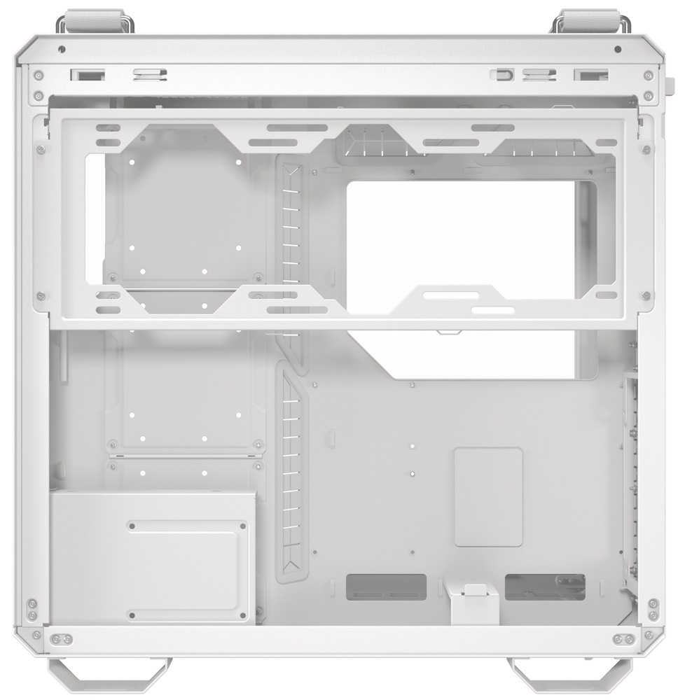 Case Asus TUF GAMING GT502 HORIZON bílá Při pohledu do skříně přes pravý bok (se sundanou bočnicí) je vidět hlavně „servisní“ komora: vlevo je přepážka s velkými průchody pro kabely do hlavního prostoru a napravo perforované montážní plochy pro držáky/úložiště a případně ventilátory či radiátor. Nahoře je prostor pro trojici 120mm ventilátorů/radiátor (typicky 360 mm) a dole je otevřený tunel/část pro zdroj a vedení kabeláže, aby vše zůstalo schované a interiér působil čistě.