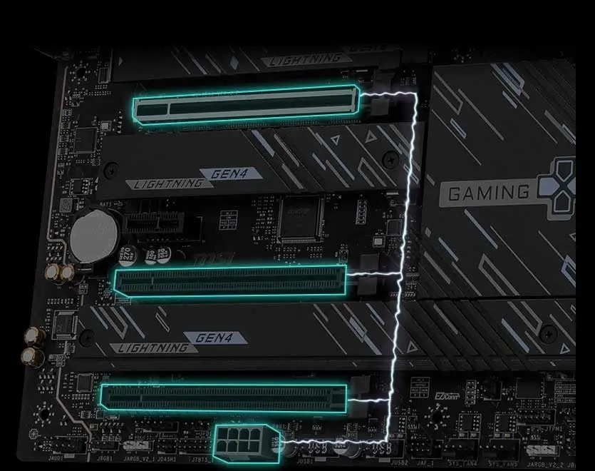 Základní deska MSI B860 GAMING PLUS WIFI Detailní záběr základní desky s vyznačenými PCI sloty a zeleně svítícími obvody. Design působí technicky a moderně a vyzařuje inovativnost.