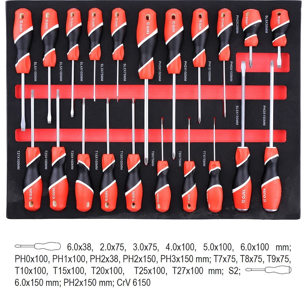 Dílenský vozík YATO s nářadím YT-55290 (211 ks) Detail sad klíčů a bitů v organizérech.
