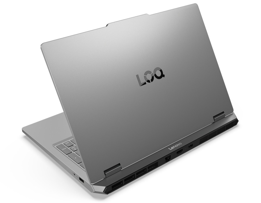 Notebook Lenovo LOQ Essential 15ARP11 šedý Pootevřený notebook Lenovo LOQ Essential 15ARP11 zezadu