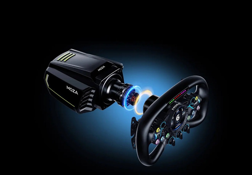 Volant Moza Racing Vision GS (PC) černý Scéna pohledu na základnu výrobce Moza, na kterou je připojován samotný volant.