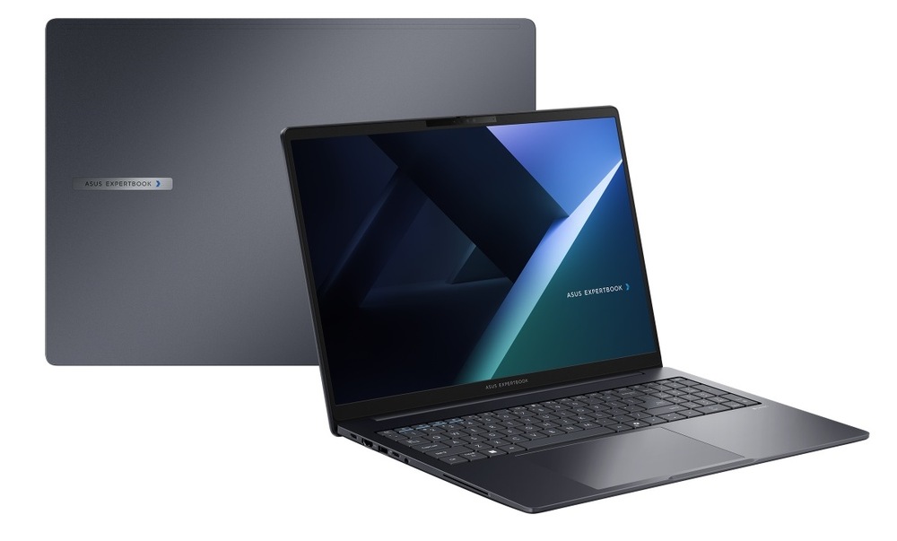 Dva notebooky Asus ExpertBook B5 zavřený a otevřený zapnutý