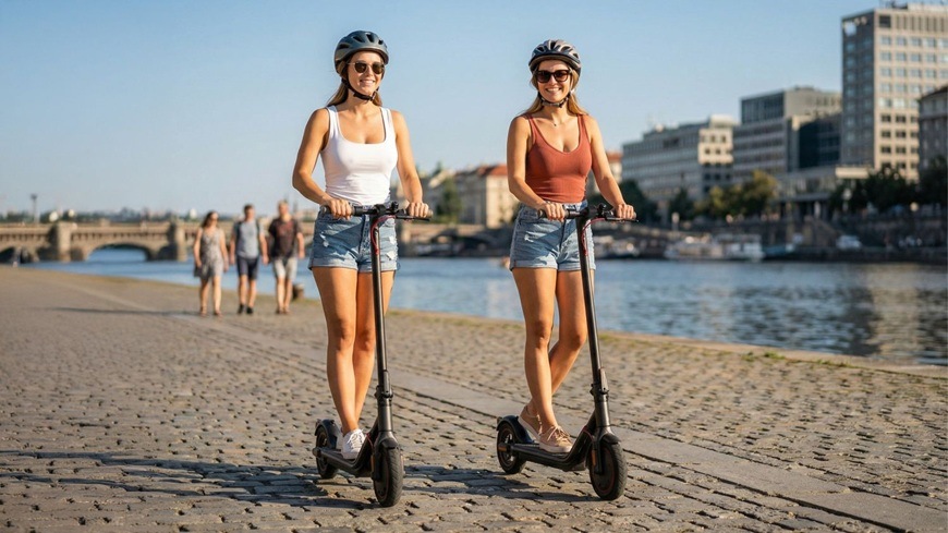 „Dvě ženy jedou na elektrických koloběžkách Sencor SCOOTER S21 po dlážděné náplavce podél řeky. Obě mají nasazené helmy a sluneční brýle a působí uvolněně při společné jízdě městem. V pozadí se procházejí lidé a jsou vidět most i městská zástavba.