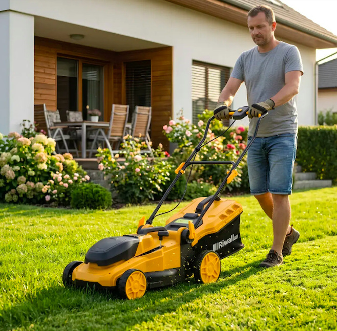 Muž seká trávník na zahradě u rodinného domu s akumulátorovou sekačkou Riwall RALM 4020i.
