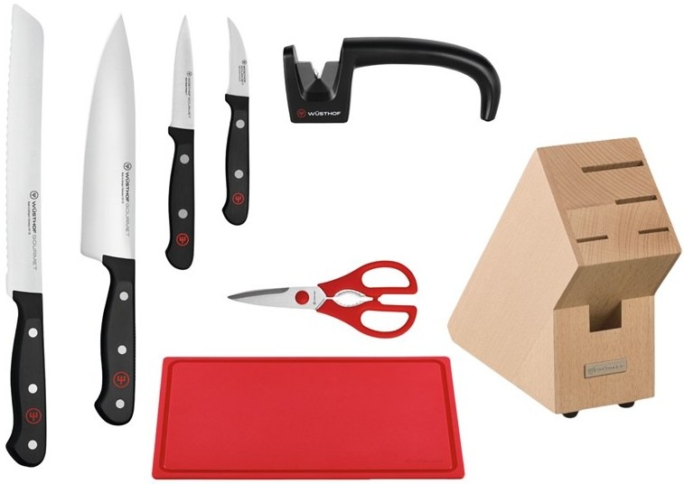 Sada kuchyňských nožů Wüsthof 4 nože obsahuje nůžky, brousek, prkénko a blok Gourmet