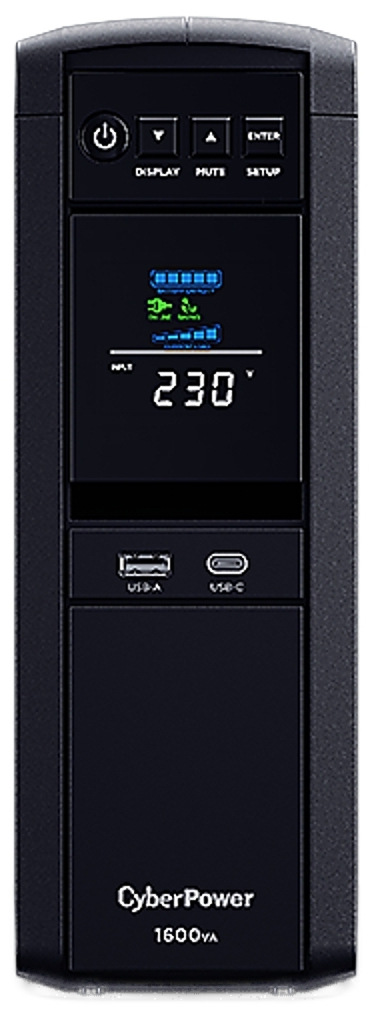 Záložní zdroj CyberPower PFC SineWave LCD GP 1600VA/1000W černý Na obrázku je černý záložní zdroj CyberPower v provedení tower z čelního pohledu. Na přední straně má nahoře ovládací tlačítka, uprostřed barevný LCD displej zobrazující provozní stav a pod ním porty USB-A a USB-C. Zařízení působí moderně, kompaktně a prakticky pro domácí i kancelářské použití.