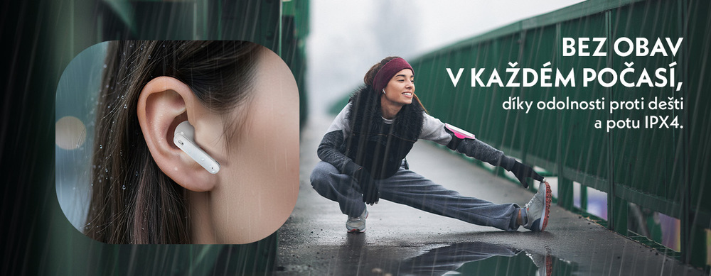 Sluchátka GoGEN TWS BAR evo 3 bílá Banner zdůrazňující odolnost bílých sluchátek GoGEN TWS BAR evo 3. Na jedné polovině je detail ucha se sluchátkem pokrytým kapkami vody, na druhé žena v běžeckém úboru na mostě v dešti. Infografika uvádí odolnost IPX4