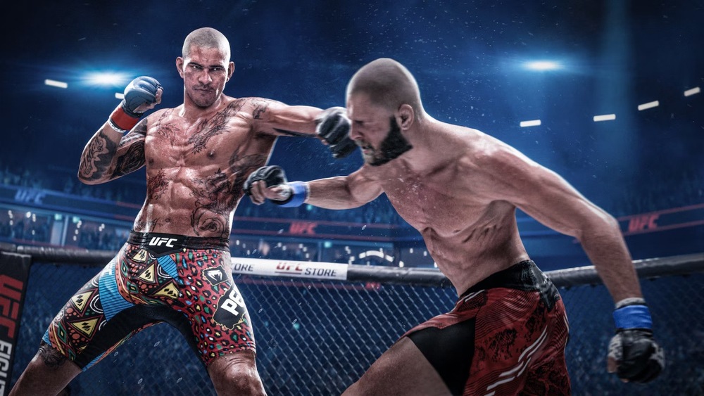 Záběr na bojovníka v oktagonu s dobře mířeným úderem na hlavu druhého. Scéna vyjadřuje realistické audiovizuální pojetí hry UFC 6.