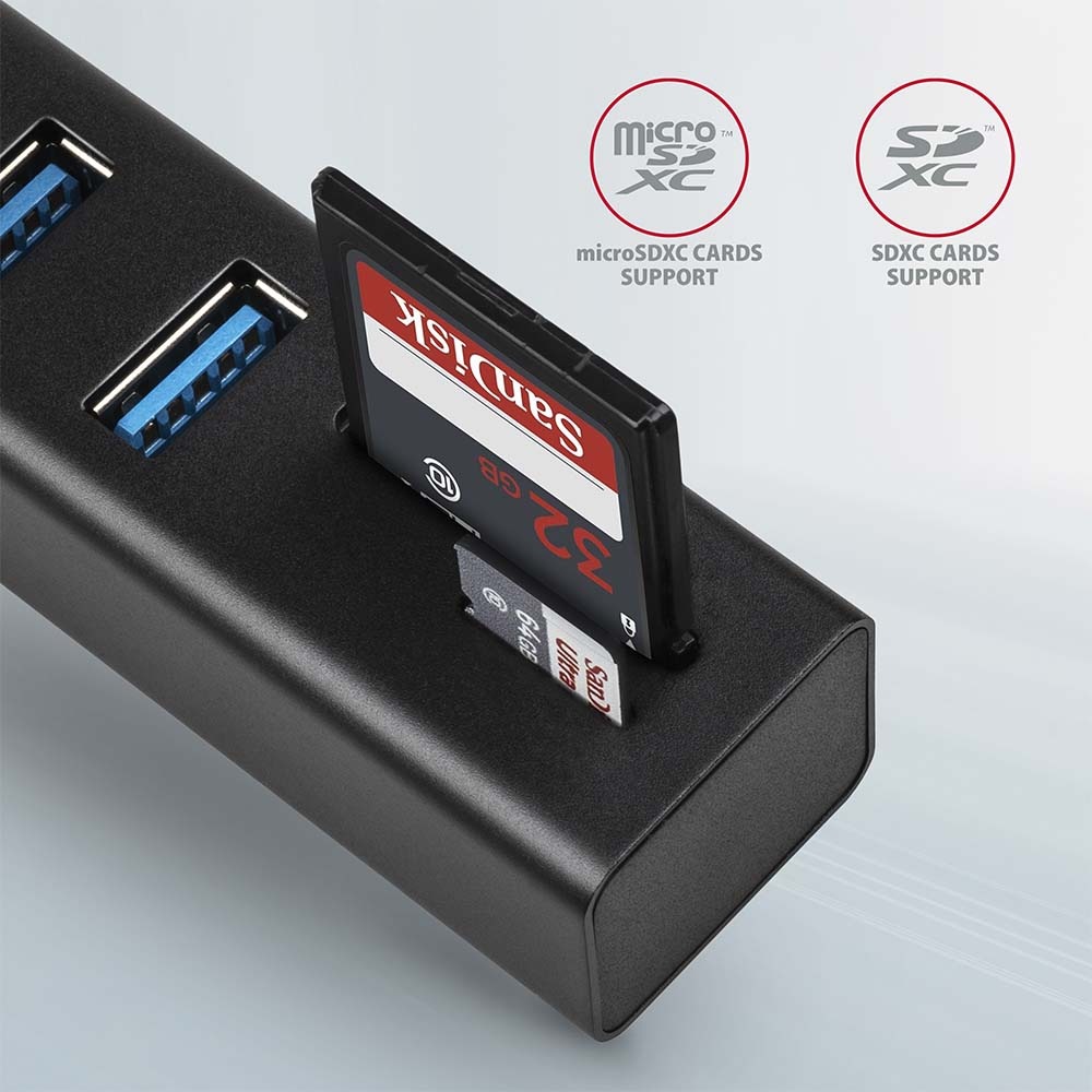 USB Hub Axagon USB 3.2 Gen 1 hub, 3x USB-A + čtečka karet SD/microSD, kabel USB-A 20cm černý